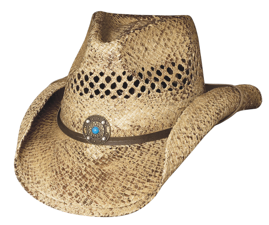 This Western Straw hat is crafted from lightweight Raffia straw and features a 3 1/2" brim. An airbrushed Concho adorns the front center, giving it a vintage touch. It's available for purchase at our retail shop in Smyrna, TN, just outside of Nashville. Sizes S,M,L,XL