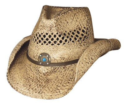 This Western Straw hat is crafted from lightweight Raffia straw and features a 3 1/2" brim. An airbrushed Concho adorns the front center, giving it a vintage touch. It's available for purchase at our retail shop in Smyrna, TN, just outside of Nashville. Sizes S,M,L,XL