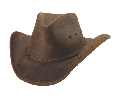 Experience the rugged charm of the West with our top-quality Distressed Brown leather Western hat. The 3 3/8" brim can be easily shaped thanks to the metal wire sewn into the edge. Plus, the classic pinched crown is adorned with small southwestern-inspired conchos on the hat band. Come visit our retail shop in Smyrna, TN, near Nashville, to purchase this timeless piece. Top grain leather Brim 3 3/8" Sizes&nbsp; &nbsp;S - M - L - XL