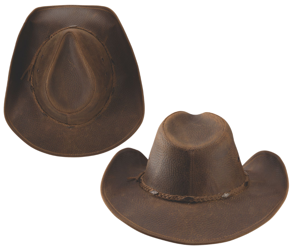 Experience the rugged charm of the West with our top-quality Distressed Brown leather Western hat. The 3 3/8" brim can be easily shaped thanks to the metal wire sewn into the edge. Plus, the classic pinched crown is adorned with small southwestern-inspired conchos on the hat band. Come visit our retail shop in Smyrna, TN, near Nashville, to purchase this timeless piece. Top grain leather Brim 3 3/8" Sizes&nbsp; &nbsp;S - M - L - XL