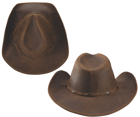 Experience the rugged charm of the West with our top-quality Distressed Brown leather Western hat. The 3 3/8" brim can be easily shaped thanks to the metal wire sewn into the edge. Plus, the classic pinched crown is adorned with small southwestern-inspired conchos on the hat band. Come visit our retail shop in Smyrna, TN, near Nashville, to purchase this timeless piece. Top grain leather Brim 3 3/8" Sizes&nbsp; &nbsp;S - M - L - XL