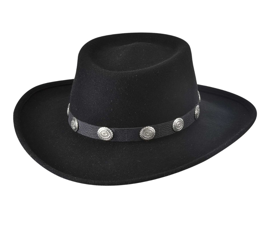 This hat is made with Southwest-inspired wool felt and has a 3 1/2" brim. The oval crown and silver concho band will make you feel like you're heading to an Arizona saloon. You can even add a snake skin band and sing "Freebird" at karaoke! Purchase it at our retail store in Smyrna, TN, right outside of Nashville. Sizes S,M,L,XL