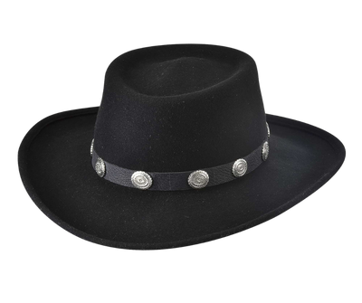 This hat is made with Southwest-inspired wool felt and has a 3 1/2" brim. The oval crown and silver concho band will make you feel like you're heading to an Arizona saloon. You can even add a snake skin band and sing "Freebird" at karaoke! Purchase it at our retail store in Smyrna, TN, right outside of Nashville. Sizes S,M,L,XL
