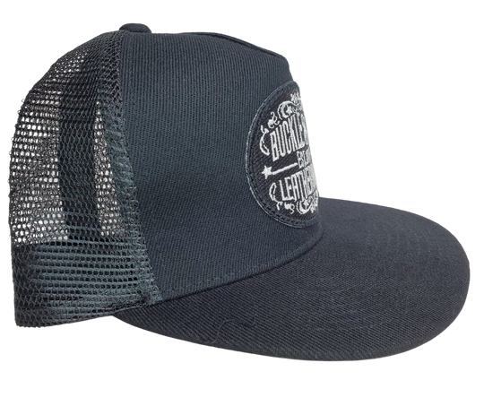 Upgrade your cap game with the Buckle and Hide Classic Flat Bill Trucker Cap, featuring a stylish mesh back, structured top and a snap back. Choose from Black, Grey, Gray/Black or Blk/Gray and proudly wear the Buckle and Hide patch on the front. From your favorite leather shop in Smyrna, TN, just outside of Nashville.