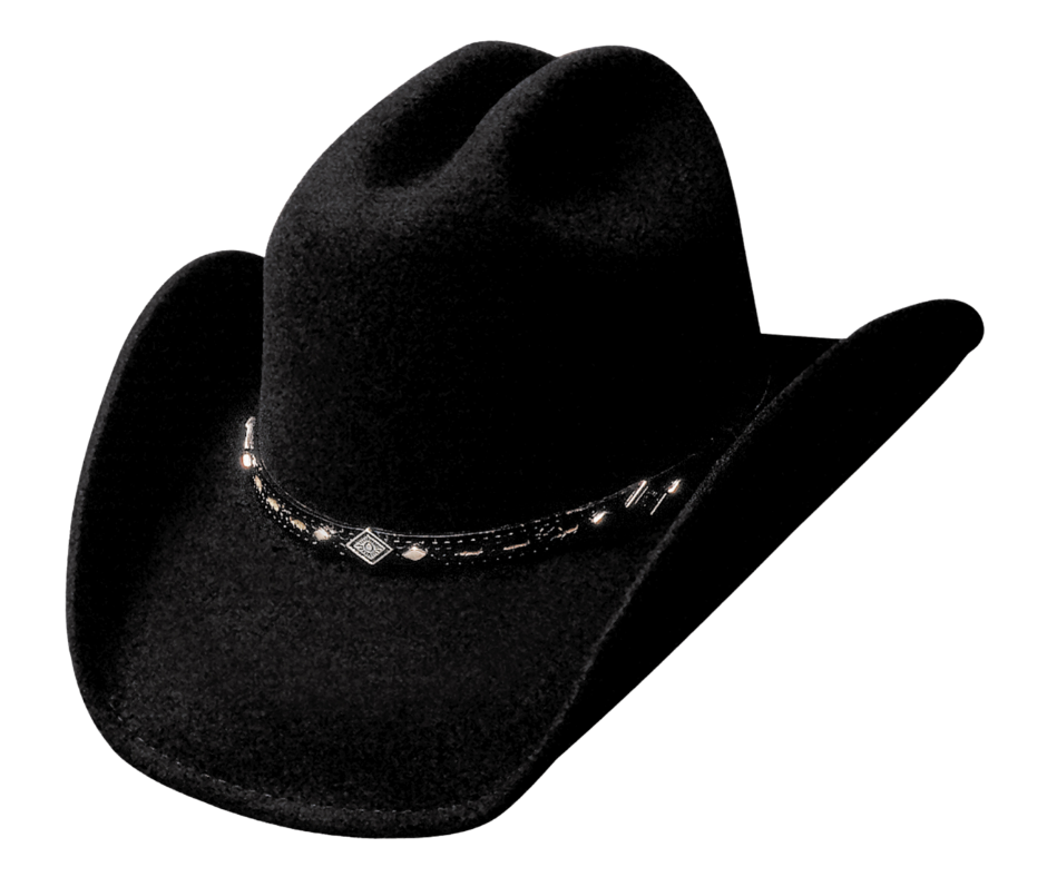 This Black Cattlemen shaped hat is a wool felt hat and features a 3 7/8" brim. The 1/2" band small lacing and small Diamond conchos in between.&nbsp; It's a staple style in the world of western hats. It's available for purchase at our retail shop in Smyrna, TN, just outside of Nashville. Sizes S,M,L,XL