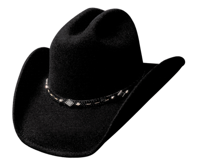This Black Cattlemen shaped hat is a wool felt hat and features a 3 7/8" brim. The 1/2" band small lacing and small Diamond conchos in between.&nbsp; It's a staple style in the world of western hats. It's available for purchase at our retail shop in Smyrna, TN, just outside of Nashville. Sizes S,M,L,XL