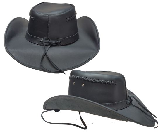 Leather Western Hat-This leather Western style hat is made from top grain black leather. The brim is 3 3/8" wide and has metal sewn into the edge for easy shaping. It has crisscross lacing around the top of the hat and 2 grommet vent holes on each side. Leather decorative hat band has chrome colored accents. Available in our shop in Smyrna, TN, just outside Nashville in sizes small-XL.