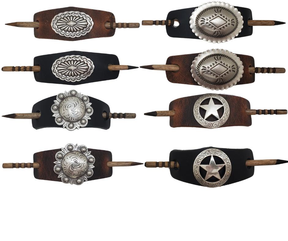 Take your hair barrettes to the next level with our Antique Silver finish Conchos, available in Black or Desert Brown Leather of your choice. Each one comes with an ornate wooden stick to keep your long locks in place. These are proudly made in our Smyrna, TN shop, just a short drive from the famous downtown Nashville.