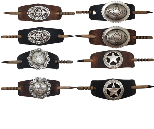 Take your hair barrettes to the next level with our Antique Silver finish Conchos, available in Black or Desert Brown Leather of your choice. Each one comes with an ornate wooden stick to keep your long locks in place. These are proudly made in our Smyrna, TN shop, just a short drive from the famous downtown Nashville.