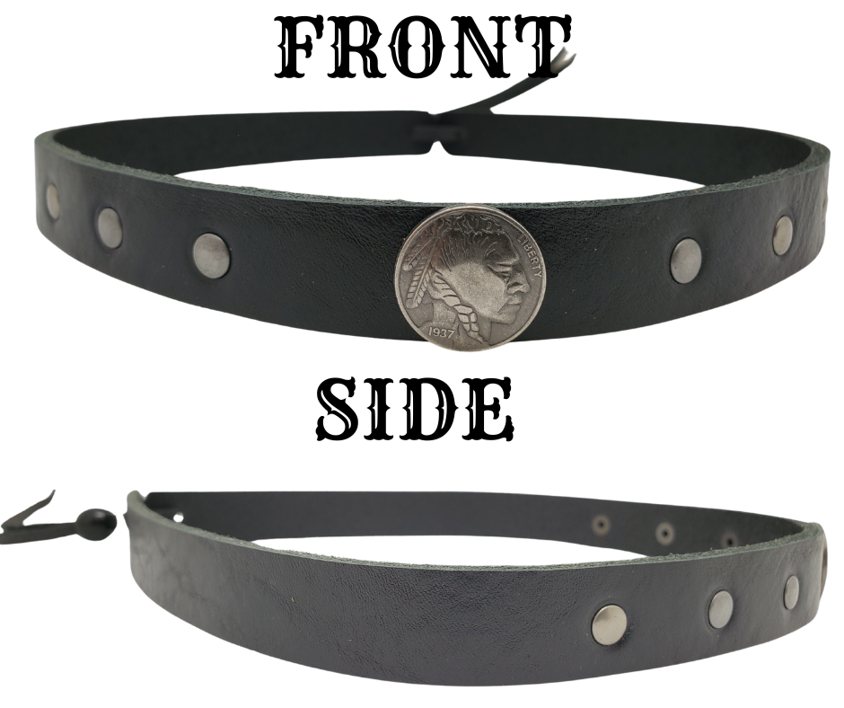 What's more classic than a the Buffalo/Indian head Nickel? Our 1<em><strong> Buffalo Nickel framed with 3 rivets</strong></em> on each side. The hatband is 3/4" wide by 23" (without tie string). Available in black or Distressed brown, pick one or a few. Fit's most any hat with adjustable bead and leather 1/8" string. Will fit most TOP HAT style and WESTERN crowned hats. Made in our Smyrna Tn. shop.