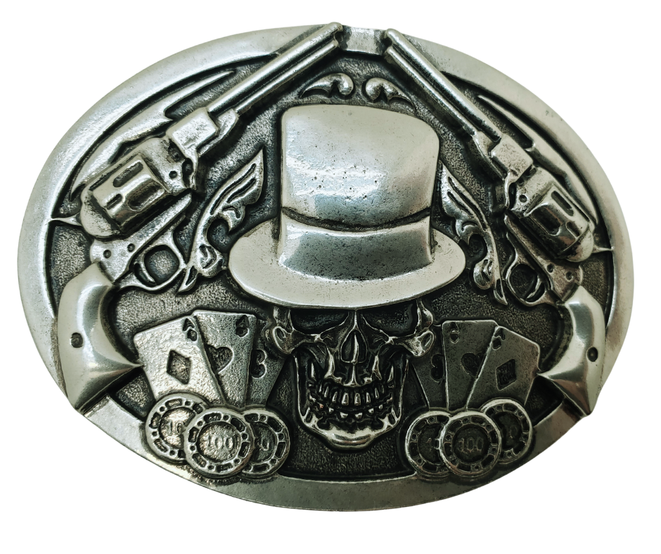 Embrace adventure by donning your top hat, strapping on your six shooter, and venturing back to the Wild West, perhaps to Tombstone or Dodge City, where you can challenge yourself with a game of Black Jack, also known as 21. As Doc Holiday once said, "I thought we were friends," let this antique finished buckle transport you to that thrilling era. Measuring approximately 3"x 4", it fits belts up to 1 1/2" and can be found at our Smyrna, TN location, just a short ride from Nashville, TN.