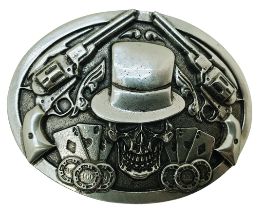 Embrace adventure by donning your top hat, strapping on your six shooter, and venturing back to the Wild West, perhaps to Tombstone or Dodge City, where you can challenge yourself with a game of Black Jack, also known as 21. As Doc Holiday once said, "I thought we were friends," let this antique finished buckle transport you to that thrilling era. Measuring approximately 3"x 4", it fits belts up to 1 1/2" and can be found at our Smyrna, TN location, just a short ride from Nashville, TN.