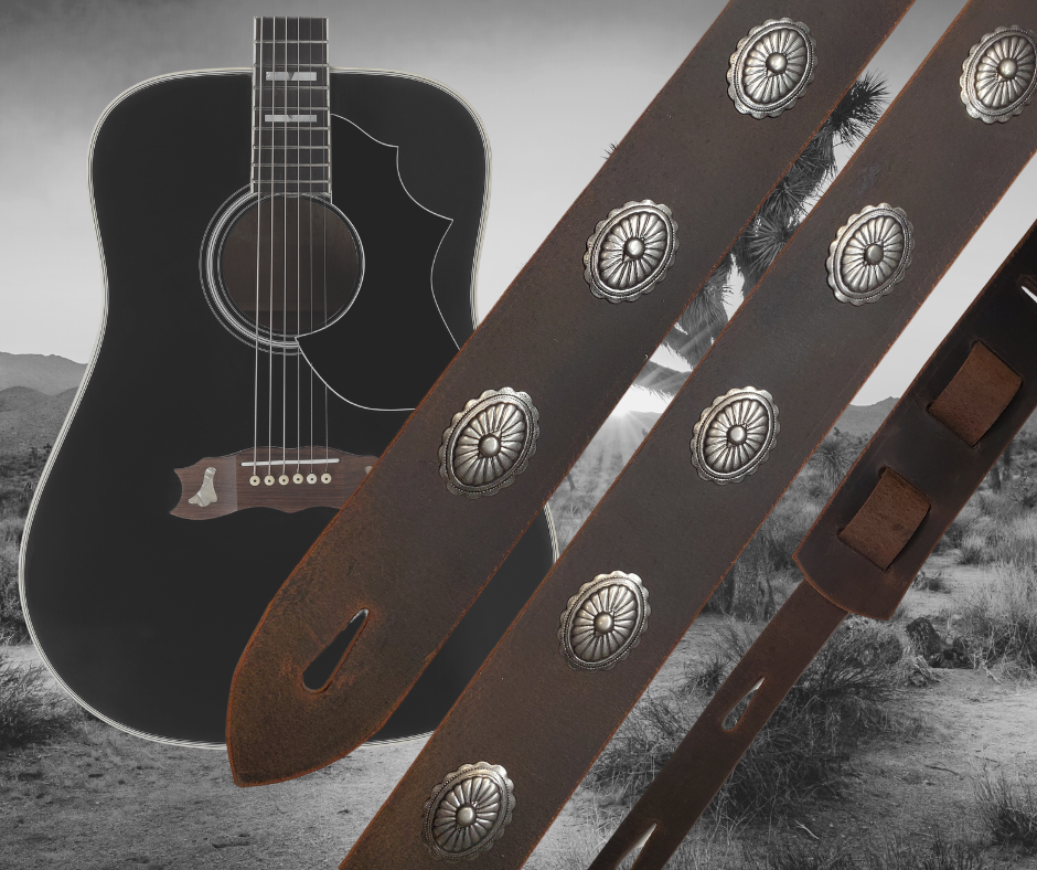 Southwest influenced Concho's have been staple for years in music!  "This 2" wide Guitar Strap is a nod to that classic influence. It's made from 1/8" thick Distressed Brown Water Buffalo or Classic Black Cowhide and after some gig's it'll look like you bought in a Vintage shop. The classic adjustment style goes from approx. 42" to 56" at it's longest . Made just outside Nashville in our Smyrna, TN. shop. It will need a bit of time to "break in" but will get a great patina over time.  