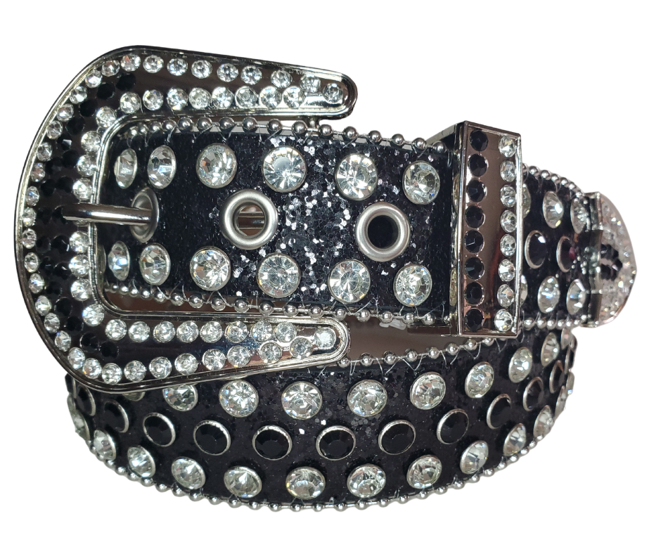 Be the Bling Queen! This NON leather belt appeals to the woman who loves all the attention. The buckle and the belt are BLINGED to the MAX!  It's 1 1/2" wide and has EYELETS for the adjustment holes to help with longevity.  Available in our Smyrna, TN shop. Imported. 