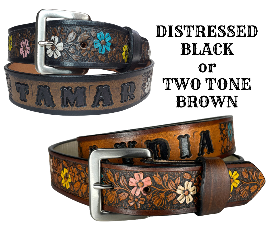 "The Beulah Land" is a handmade real VEGTAN belt made from a single strip of cowhide shoulder leather that is 8-10 oz. or approx. 1/8" thick. It has hand burnished (smoothed) edges and summer flowers embossed on the surface and with most HAND PAINTED in Pink, White, Yellow and Turquoise. The antique nickel plated solid brass buckle is snapped in place with heavy snaps.  This belt is made just outside Nashville in Smyrna, TN.