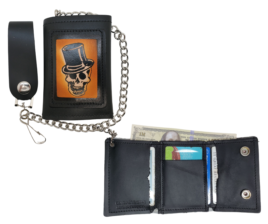 Skull Top Hat all leather Tri-fold Chain Wallet. 1 Cash Slot for all your important stash, 3 card slots and 1 underneath the middle slot. It's&nbsp;USA made&nbsp;and Buckle and Hide approved. Approx. 3"x 4" folded. 2 snap closure. Complete with an 12" chrome plated chain including leather belt loop. Available in our Smyrna, TN shop a short drive from downtown Nashville. Like most wallets&nbsp;over stuffing&nbsp;will limit the time of use. Colors may vary from picture.&nbsp;