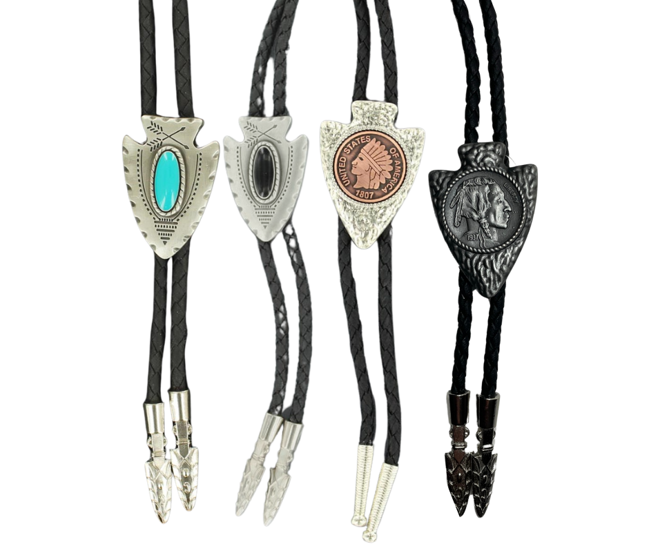 Bolo ties have been around for quite awhile, they're a staple in Western but also show up in fashion in many ways. Arrowhead styles are a must have for all bolo fans. These bolos come with a braided cord some with decorative tips some a simple ornate tip. Come get yours at our Smyrna ,TN not far from Murfreesboro. Total Cord length will vary from 36" to 38" depending on tip style.