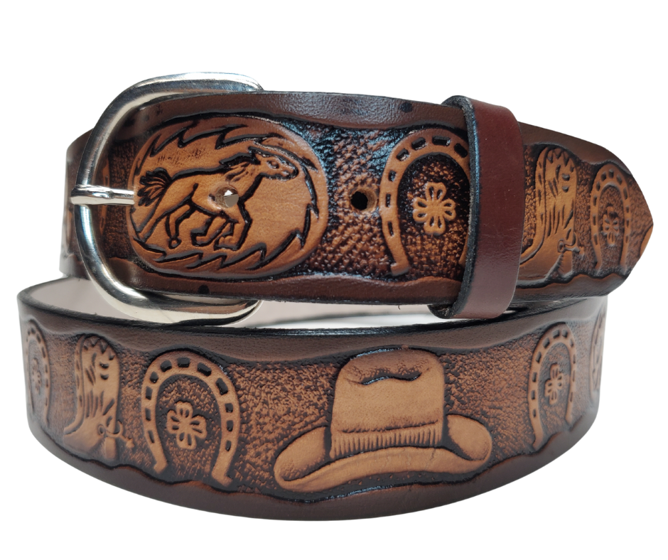 This leather belt has The Boots and Shoes pattern in a Brown Antiqued finish. Available in a 1 1/2" width. Full grain vegetable tanned cowhide, Width 1 1/2" and includes Nickle plated buckle Smooth burnished painted edges. Made in USA! Buckle snaps in place for easy changing if desired. In stock at our Smyrna, TN shop.