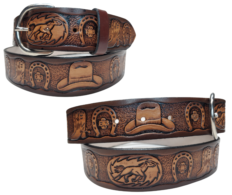 This leather belt has The Boots and Shoes pattern in a Brown Antiqued finish. Available in a 1 1/2" width. Full grain vegetable tanned cowhide, Width 1 1/2" and includes Nickle plated buckle Smooth burnished painted edges. Made in USA! Buckle snaps in place for easy changing if desired. In stock at our Smyrna, TN shop.