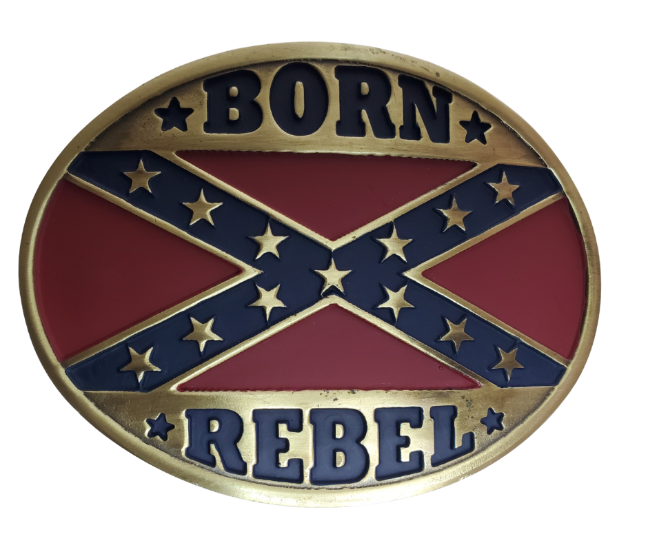 This attractive Southern Heritage Belt Buckle features a star and bar design with bold red and blue colors, framed in antique brass. The oval-shaped buckle is designed to make a statement and easily fits belts up to 1 3/4" in width. Measuring approximately 2 1/2" in height and 3 1/2" in width, it's available at our Smyrna, TN shop, just a quick drive from Nashville. 