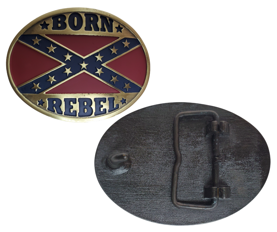 This attractive Southern Heritage Belt Buckle features a star and bar design with bold red and blue colors, framed in antique brass. The oval-shaped buckle is designed to make a statement and easily fits belts up to 1 3/4" in width. Measuring approximately 2 1/2" in height and 3 1/2" in width, it's available at our Smyrna, TN shop, just a quick drive from Nashville. 