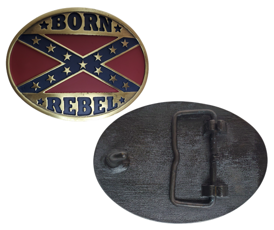 This attractive Southern Heritage Belt Buckle features a star and bar design with bold red and blue colors, framed in antique brass. The oval-shaped buckle is designed to make a statement and easily fits belts up to 1 3/4" in width. Measuring approximately 2 1/2" in height and 3 1/2" in width, it's available at our Smyrna, TN shop, just a quick drive from Nashville. 