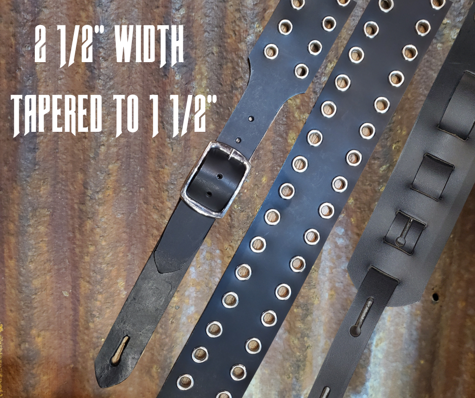 Studs and Eyelets like Marshalls have have been staple for years in Rock music!  "This 2" wide Guitar Strap is a nod to that classic influence. It's made from Pebbled Veg-Tan Cowhide and after some gig's it'll look like you bought in a Vintage shop. The classic adjustment style goes from approx. 42" to 56" at it's longest . Made just outside Nashville in our Smyrna, TN. shop. It will need a bit of time to "break in" but will get a great patina over time.  