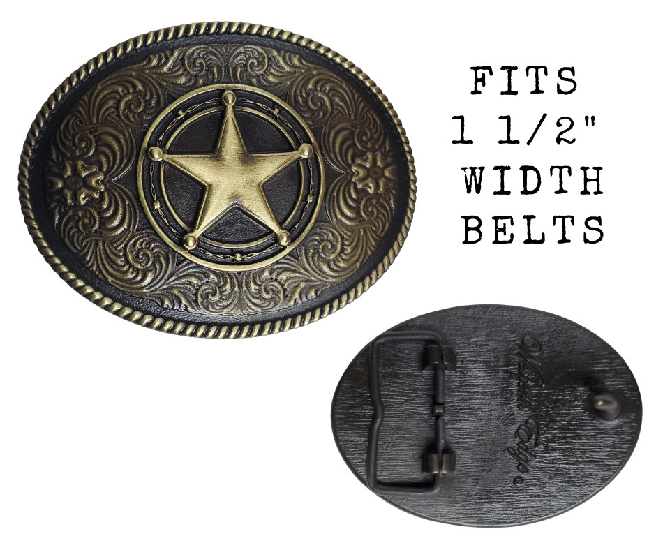 The Classic Star Western scroll with a subtle hint of Barbwire, a rope border on a oval shaped buckle. Perfect for 1 1/2" Brown or Black belts with it's Antiqued Brass appearance. Buckle size is approx. 3" x 4" that makes it great for most body styles. Imported.