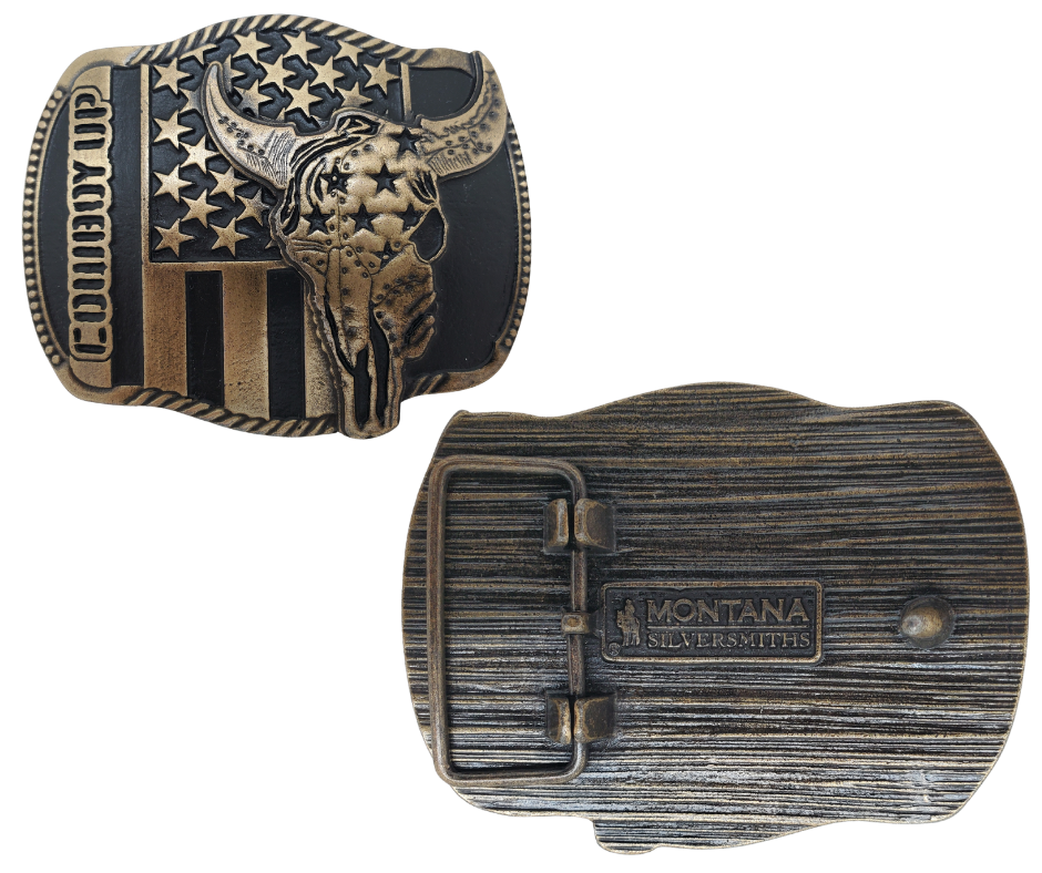 The "Braxton" Belt Buckle is a brass colored oval featuring a Buffalo Skull and a Patriotic USA flag, representing the well-known Rodeo term, "COWBOY UP." It is designed to fit a Standard 1.5 belt and measures approximately 4" x 3". Come visit our shop just outside Nashville in Smyrna, TN to get yours today!