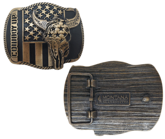 The "Braxton" Belt Buckle is a brass colored oval featuring a Buffalo Skull and a Patriotic USA flag, representing the well-known Rodeo term, "COWBOY UP." It is designed to fit a Standard 1.5 belt and measures approximately 4" x 3". Come visit our shop just outside Nashville in Smyrna, TN to get yours today!