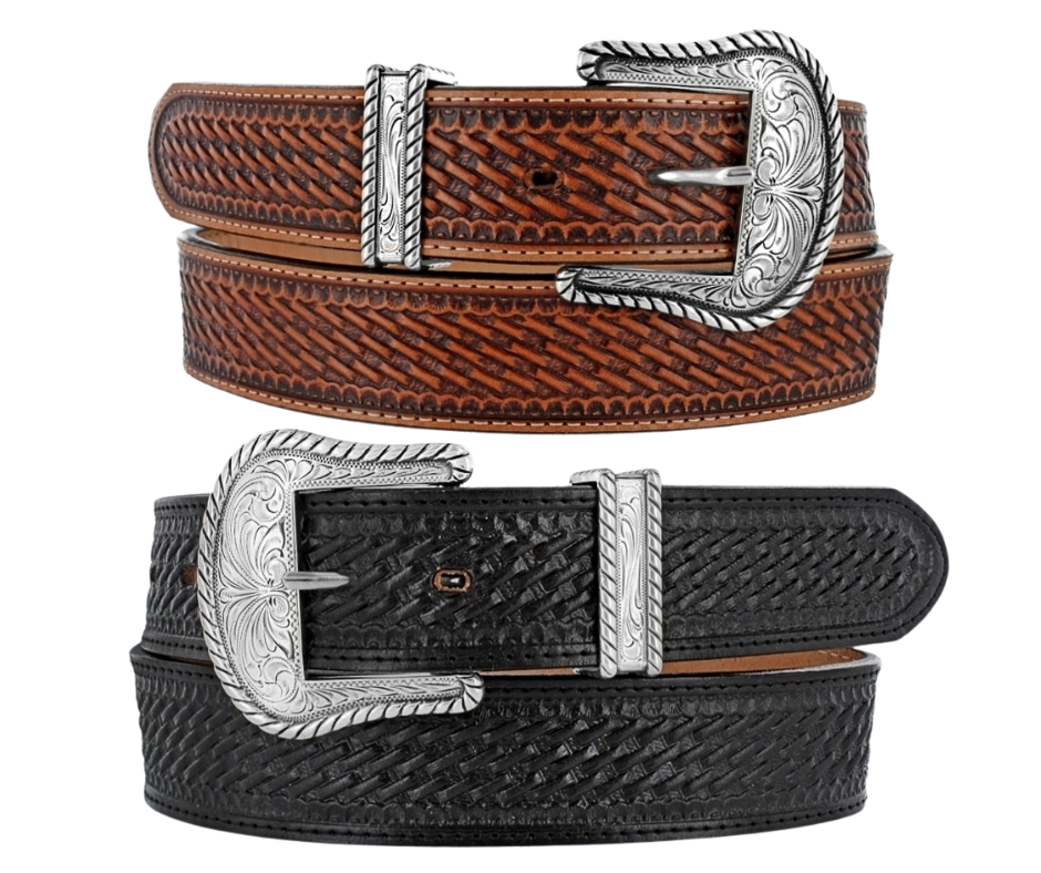 This is one of the thickest 1 1/2" belts we stock! Great for carry-conceal and has a nicely embossed basket weave pattern too. Choose a Western influenced or Stainless Steel buckle and keeper that's removable if that's not your thing. But wait there's more! It's available in Black or Tan with stitching down each side.&nbsp; Made in USA by Brighton for Justin and is available in our Smyrna, TN shop.