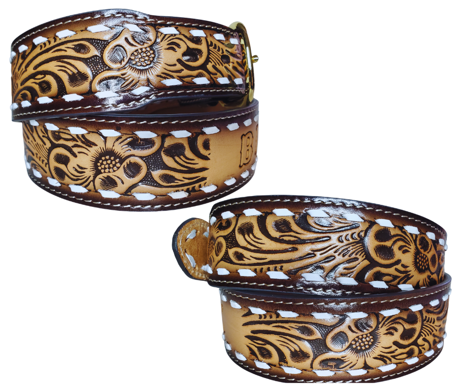 The Roadhouse name leather belt is a classic Vintage Throwback Style Western belt. Complete with White Buck Stitching and a embossed classic Western Floral design in a Brown and Natural finish. The belt is a 1 3/4"" width tapering up to 1 1 /2" wide. Full grain vegetable tanned cowhide, Width 1 1/2" and includes Gold finished  buckle Smooth burnished painted edges. Made in Mexico.  Buckle snaps in place for easy changing if desired. In stock at our Smyrna, TN shop.