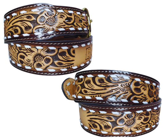 The Roadhouse name leather belt is a classic Vintage Throwback Style Western belt. Complete with White Buck Stitching and a embossed classic Western Floral design in a Brown and Natural finish. The belt is a 1 3/4"" width tapering up to 1 1 /2" wide. Full grain vegetable tanned cowhide, Width 1 1/2" and includes Gold finished  buckle Smooth burnished painted edges. Made in Mexico.  Buckle snaps in place for easy changing if desired. In stock at our Smyrna, TN shop.