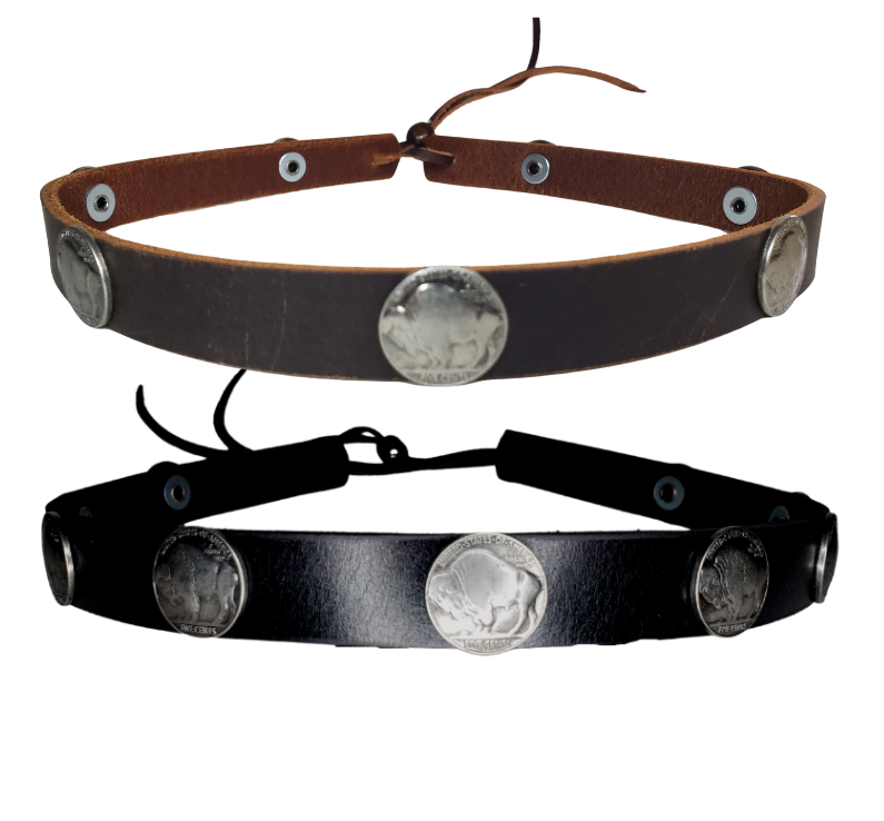 What's more classic than a the Buffalo Nickel? Our 9 Buffalo Nickels leather hatband is 3/4" wide by 23" (without tie string). Available in black or brown, pick one or a few. Fit's most any hat with adjustable bead and leather 1/8" string. Will fit most TOP HAT style and WESTERN crowned hats. Made in our Smyrna Tn. shop.