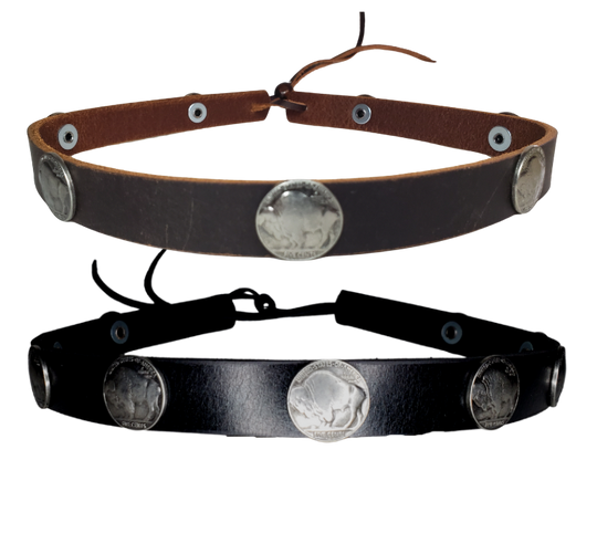 What's more classic than a the Buffalo Nickel? Our 9 Buffalo Nickels leather hatband is 3/4" wide by 23" (without tie string). Available in black or brown, pick one or a few. Fit's most any hat with adjustable bead and leather 1/8" string. Will fit most TOP HAT style and WESTERN crowned hats. Made in our Smyrna Tn. shop.