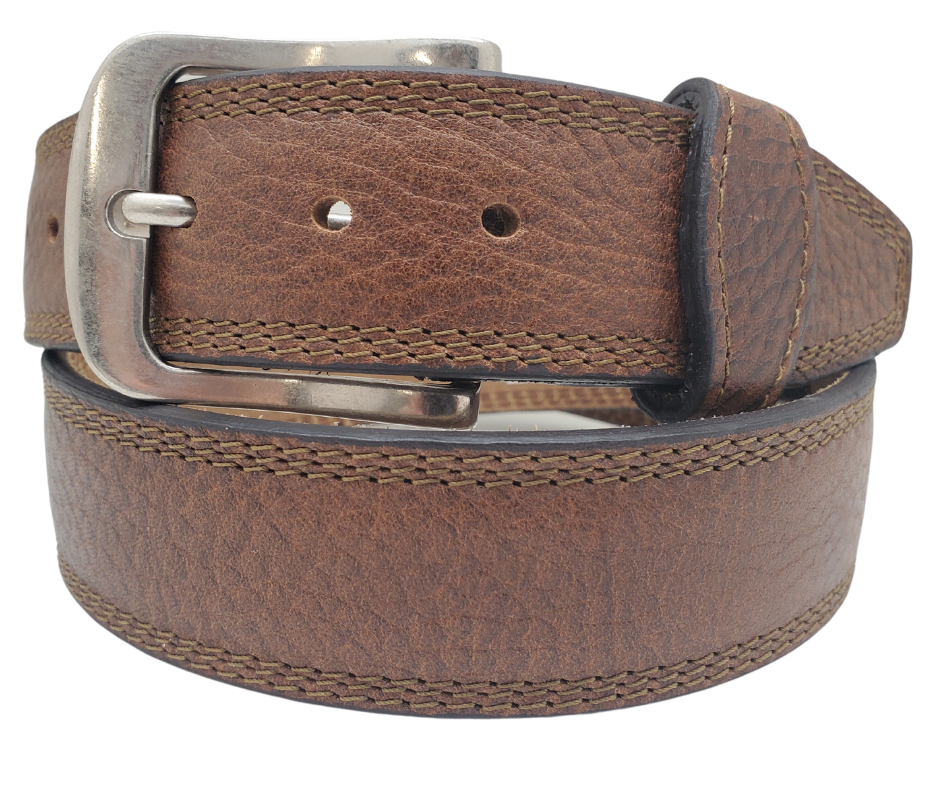 This real Bison leather belt with a Triple stitched cowhide leather belt strip underneath. Comes with an Antique colored buckle that is snapped in for easy removal. It is available in our Smyrna, TN shop, which is located just outside of Nashville.