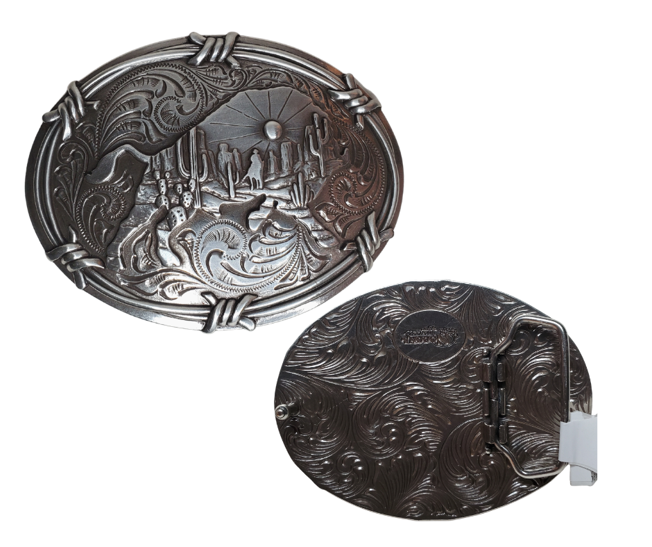 Embrace your inner wild side with this stunning southwestern-style belt buckle, featuring a scroll background, barbwire border, and a majestic bison cast in an antique silver hue. It's 3" X 4" and sized for any 1 1/2" belt available in our Smyrna, TN (near Nashville) store or online.