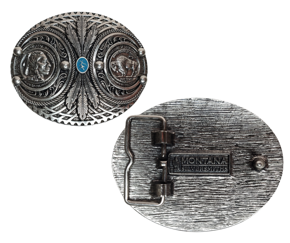 The oval shaped belt buckle has high quality replica Buffalo Indian Head nickels set on each end. Wrapping the Nickels is detailed Southwest trim with Feathers and a small Turquoise colored stone. Fits 1 1/2" belts and is approx. 3" tall x 4"across. Available at our shop just outside Nashville in Smyrna, TN. Made by Montana Silversmith.