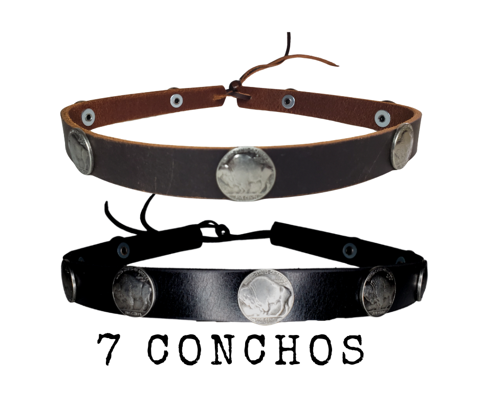 What's more classic than a the Buffalo Nickel? Our 9 Buffalo Nickels leather hatband is 3/4" wide by 23" (without tie string). Available in black or brown, pick one or a few. Fit's most any hat with adjustable bead and leather 1/8" string. Will fit most TOP HAT style and WESTERN crowned hats. Made in our Smyrna Tn. shop.