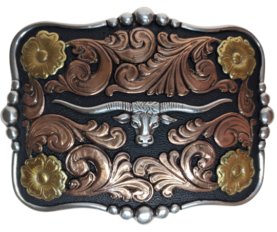 Longhorns embody the spirit of the West. Pay homage to an iconic breed with the "Butler Longhorn" Belt Buckle! Its squared shape, copper and brass accents, and bold black background make the scroll design really stand out! At 2 1/2" x 3 1/2", this buckle is ready to take a risk and add some western to your wardrobe. Get yours online or in-person at our Smyrna, TN shop outside of Nashville! Imported