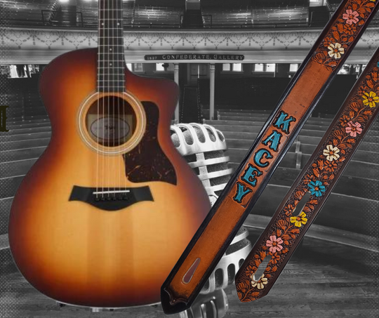 This Guitar Strap is crafted to the same high quality as our Custom belts! It's made of 1/8" thick, vegetable-tanned cowhide, with beveled and black painted edges, and a unique hand stained finish and a Hand Painted Name. The main strap is one 1 1/2" wide, with a single hole in the front and 3-hole adjustment on the back. We proudly manufacture it in Smyrna, TN - just outside Nashville. 