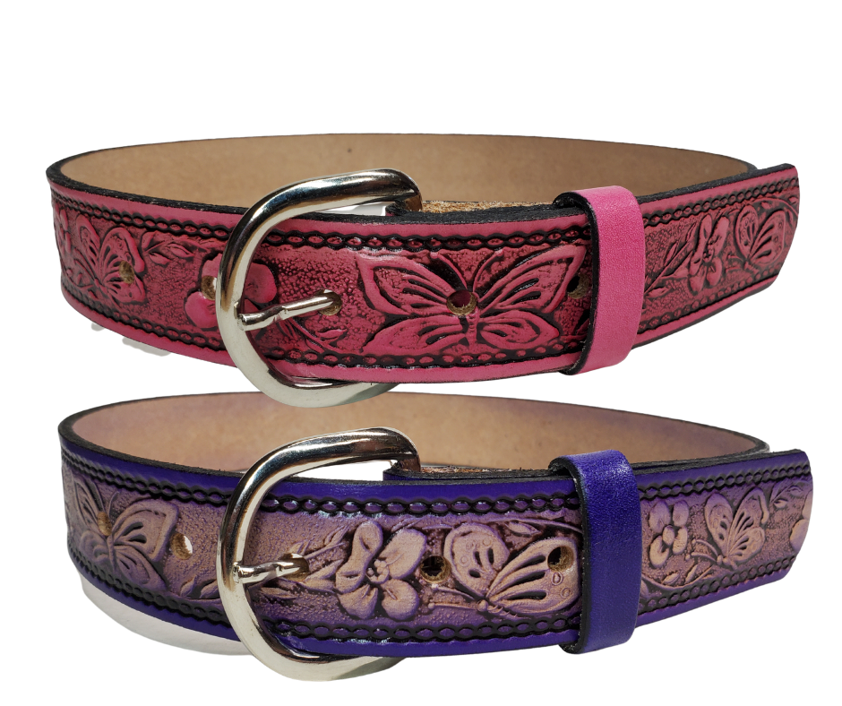 This stylish leather Kid's belt features beautiful Flowers and Butterfly pattern that is sure to draw attention. The easy-change metal buckle makes for comfortable wear and makes it easy to add your own buckle. Perfect for adding a unique touch to any wardrobe. This belt is stocked in our shop outside Nashville in Smyrna, TN.