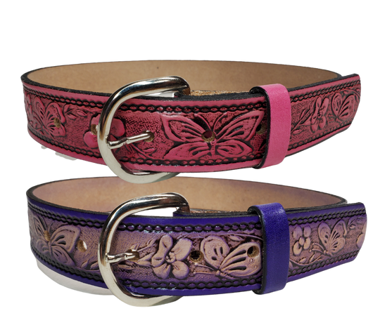 This stylish leather Kid's belt features beautiful Flowers and Butterfly pattern that is sure to draw attention. The easy-change metal buckle makes for comfortable wear and makes it easy to add your own buckle. Perfect for adding a unique touch to any wardrobe. This belt is stocked in our shop outside Nashville in Smyrna, TN.