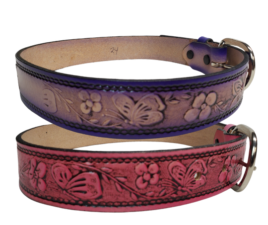 This stylish leather Kid's belt features beautiful Flowers and Butterfly pattern that is sure to draw attention. The easy-change metal buckle makes for comfortable wear and makes it easy to add your own buckle. Perfect for adding a unique touch to any wardrobe. This belt is stocked in our shop outside Nashville in Smyrna, TN.