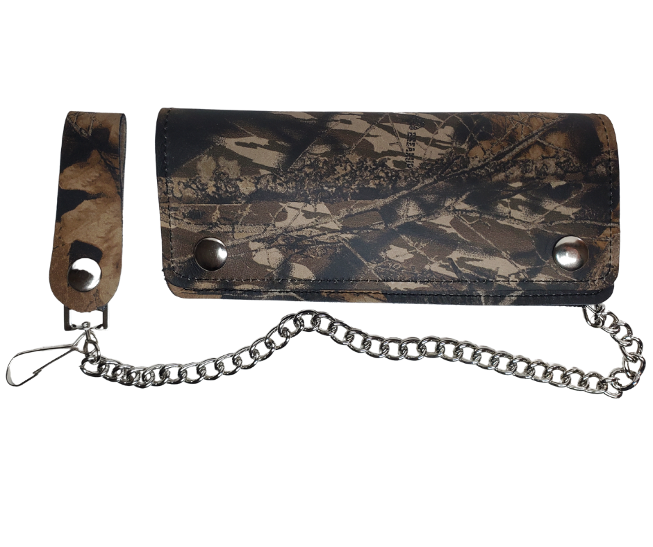 Classic Long Style Chain Wallet in a CAMO pattern.  2 Main Cash Slots for all your important stash and or receipts and your extra cards, 1 zipper pocket, 1 card slot on the top inside, 1 middle smaller slot. It's USA made and Buckle and Hide approved. A little over 7" in length. 2 snap closure. Complete with an 12" chrome plated chain including leather belt loop. There is LIMITED space for letters, please limit to 5-6 letters! In stock at our Smyrna TN shop. 