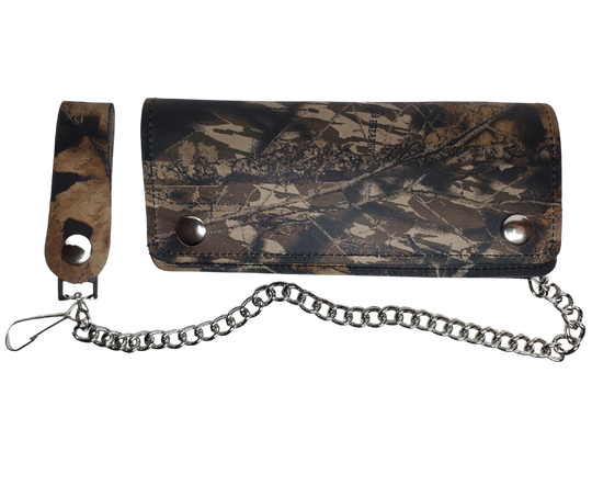 Classic Long Style Chain Wallet in a CAMO pattern.  2 Main Cash Slots for all your important stash and or receipts and your extra cards, 1 zipper pocket, 1 card slot on the top inside, 1 middle smaller slot. It's USA made and Buckle and Hide approved. A little over 7" in length. 2 snap closure. Complete with an 12" chrome plated chain including leather belt loop. There is LIMITED space for letters, please limit to 5-6 letters! In stock at our Smyrna TN shop. 