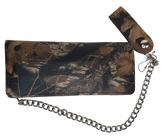 Classic Long Style Chain Wallet in a CAMO pattern.  2 Main Cash Slots for all your important stash and or receipts and your extra cards, 1 zipper pocket, 1 card slot on the top inside, 1 middle smaller slot. It's USA made and Buckle and Hide approved. A little over 7" in length. 2 snap closure. Complete with an 12" chrome plated chain including leather belt loop. Like most wallets over stuffing will limit the time of use. Colors may vary slightly from picture. 