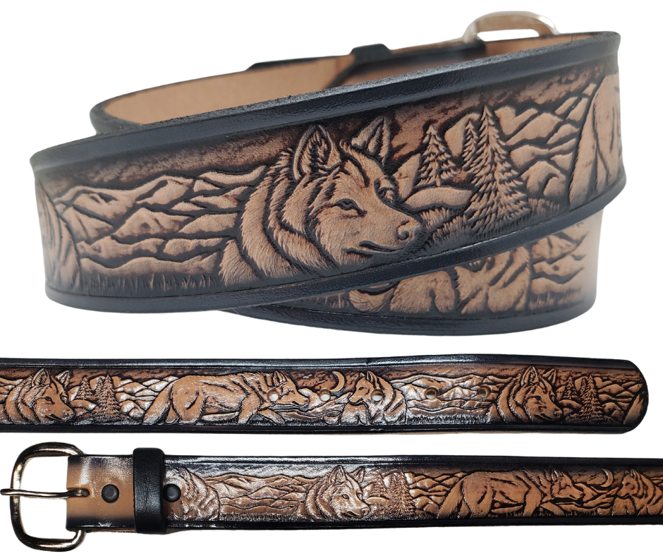 This all leather belt features a Wolf Pack pattern in an antiqued finish with a 1 1/2" width. It is crafted from full grain veg-tanned cowhide, with smooth burnished painted edges and a nickel-plated buckle. For customizing, simply type your desired name or No Name in the "Type Name Here" section, the buckle can be easily interchanged as well. This product is in stock at our Smyrna, TN shop.