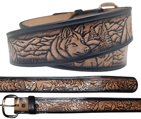 This all leather belt features a Wolf Pack pattern in an antiqued finish with a 1 1/2" width. It is crafted from full grain veg-tanned cowhide, with smooth burnished painted edges and a nickel-plated buckle. For customizing, simply type your desired name or No Name in the "Type Name Here" section, the buckle can be easily interchanged as well. This product is in stock at our Smyrna, TN shop.