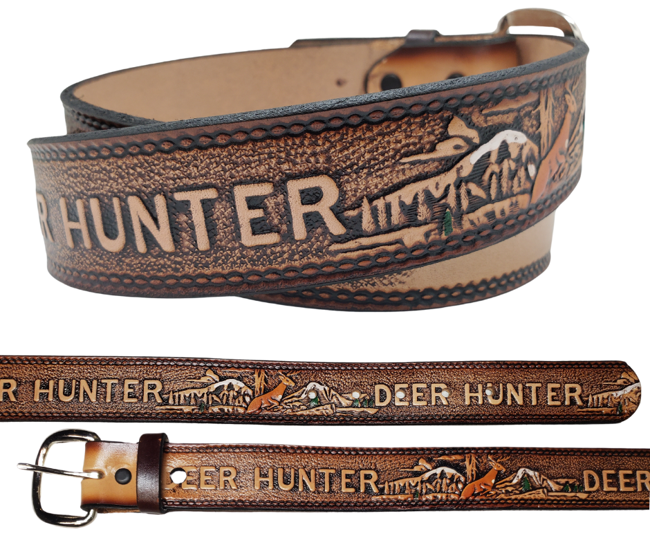 This Buck Fever all leather Name belt features a Deer Hunting pattern in an antiqued finish with a 1 1/2" width. It is crafted from full grain veg-tanned cowhide, with smooth burnished painted edges and a nickel-plated buckle.&nbsp;For customizing, simply type your desired name or No Name in the "Type Name Here" section, the buckle can be easily interchanged as well. This product is in stock at our Smyrna, TN shop.